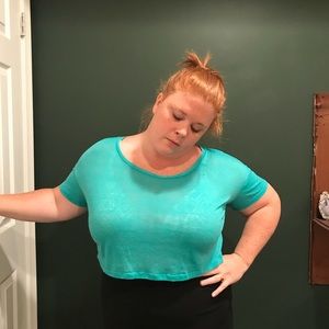 Plus Size Teal Crop Top w/ See-Through Geo Design